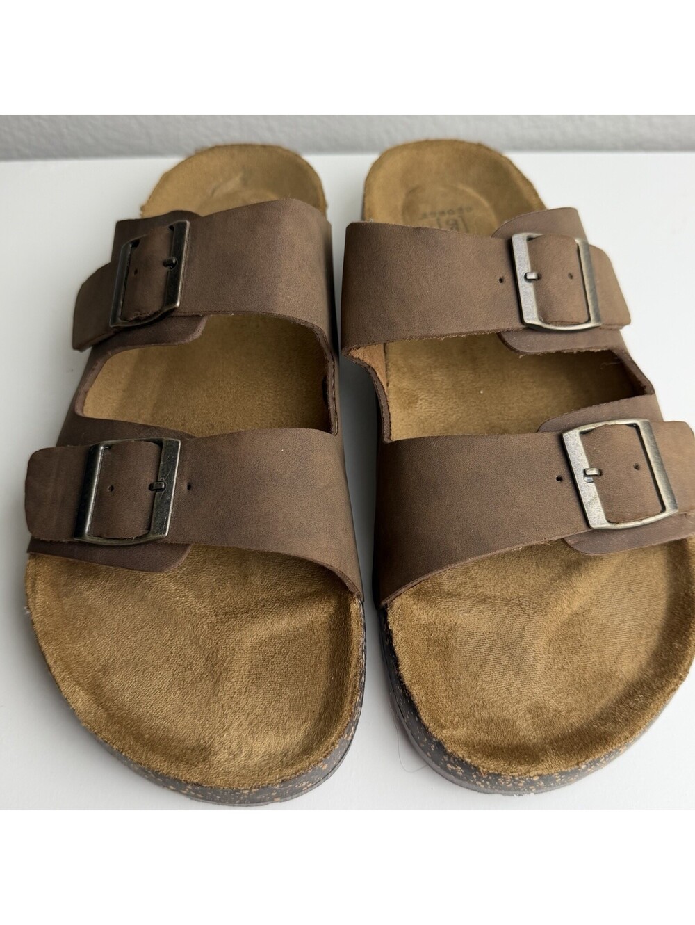George Men’s Brown Two Buckle Slide Sandals Cork Footbed Casual Size 9 New